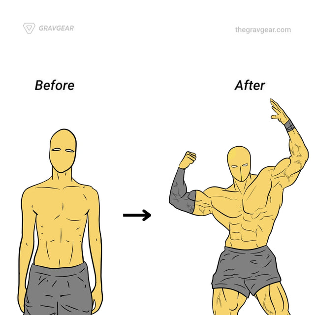 before and after comparison of a yellow cartoon figure showing transformation from lean to muscular physique emphasizing the benefits of training with gymnastic rings and calisthenics rings