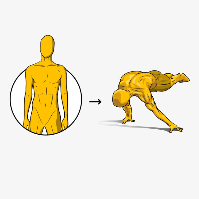 illustration of a yellow dude calisthenics athlete body transformation from weak and skinny to strong in the shoulders doing a full planche