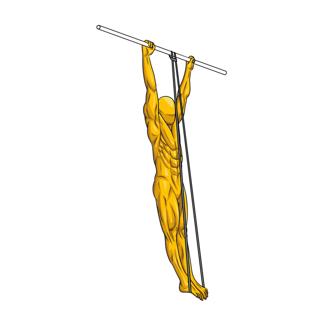 illustration of a yellow dude mannequin man calisthenics athlete doing a band-assisted pull up in the downward phase of the movement