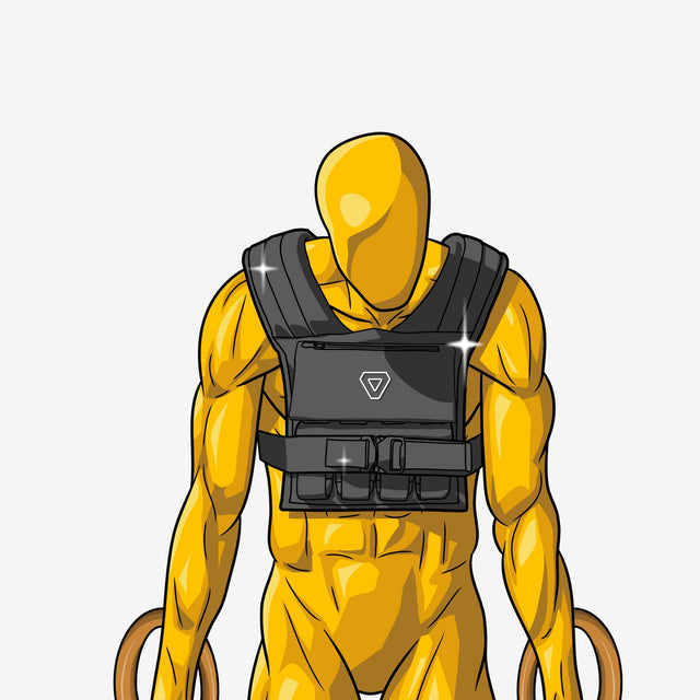 illustration of a yellow dude mannequin man calisthenics athlete doing a ring support hold using gymnastic rings wearing a shiny sparking new Gravgear weight vest pro 16kg